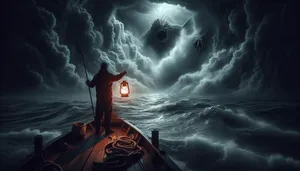 closeup of fisherman frightened with panic staring into abyss fog shadow of sea monstrosity