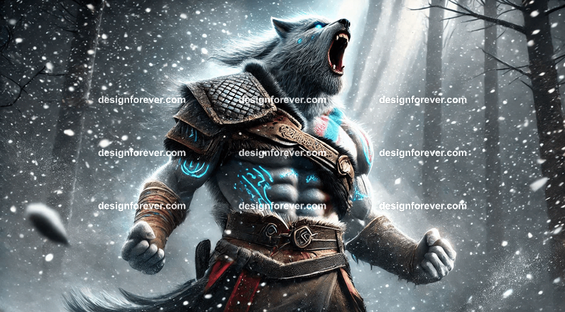Fenrir as a Viking warrior, with battle scars and runes glowing on their fur, howling in a snowy battlefield