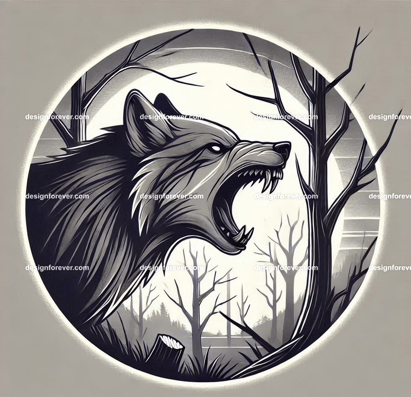 round frame depicting A wolf baring its teeth in a creepy forest with dead trees