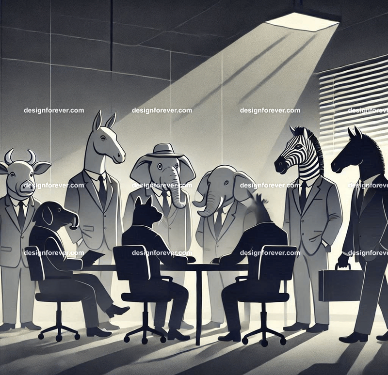 Anthropomorphs animal farm animals as senators in congressmen in dark smoky room insider trading with businessmen