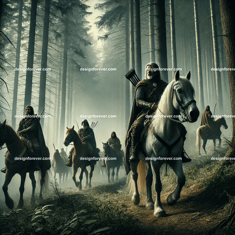 The heroes from wheel of time on horses traveling through forest