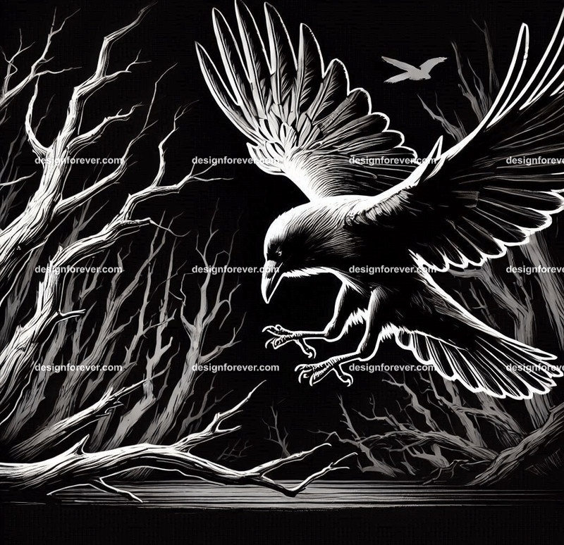 crow flying down towards its prey on ground in dark forest with dead trees