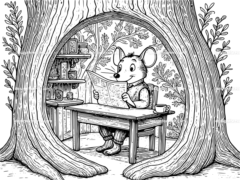 mr mouse reading newspaper inside his warm cozy home inside hollow of oak tree