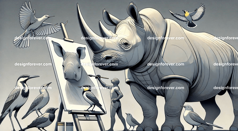 Anthropomorphs rhinos painting portraits of birds