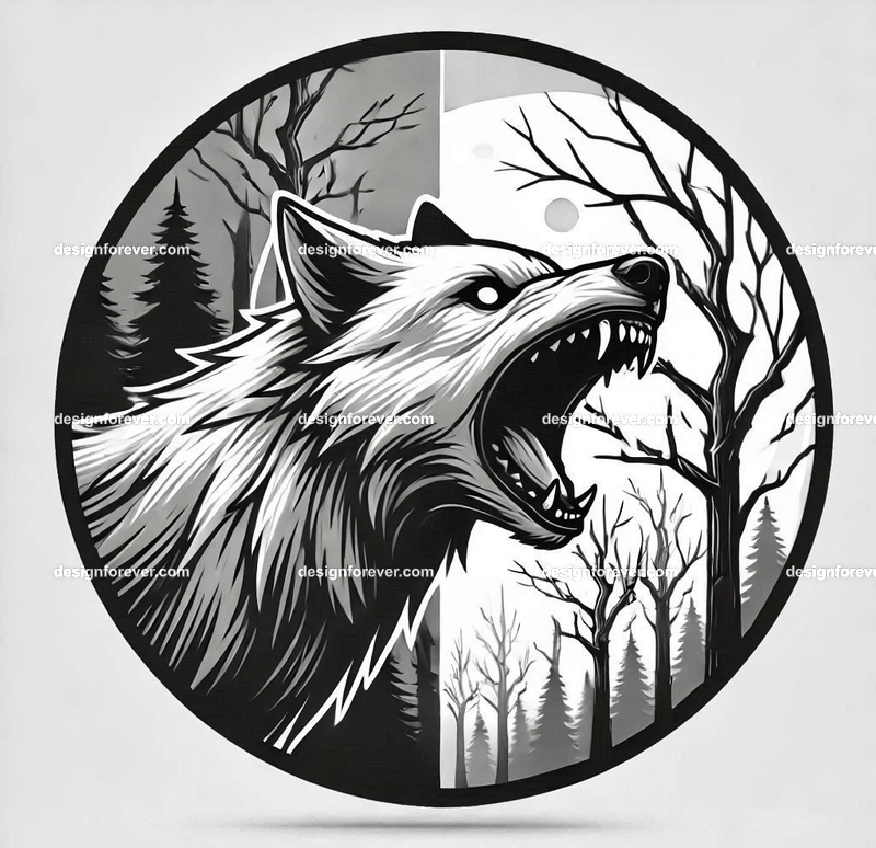 round frame depicting A wolf baring its teeth in a creepy forest with dead trees