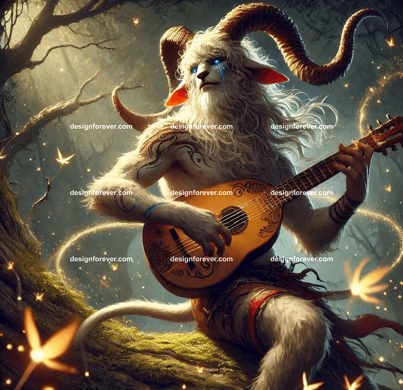Satyr with a lute, playing music in an enchanted forest, surrounded by glowing fireflies