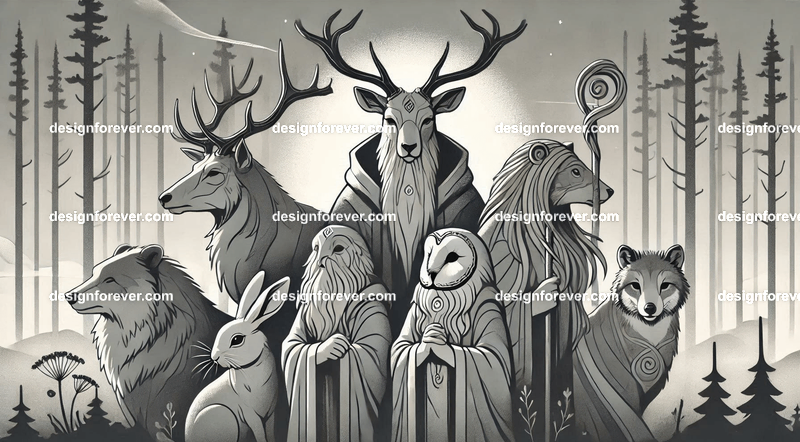 Woodland animals personified as wise, druidic protectors of nature