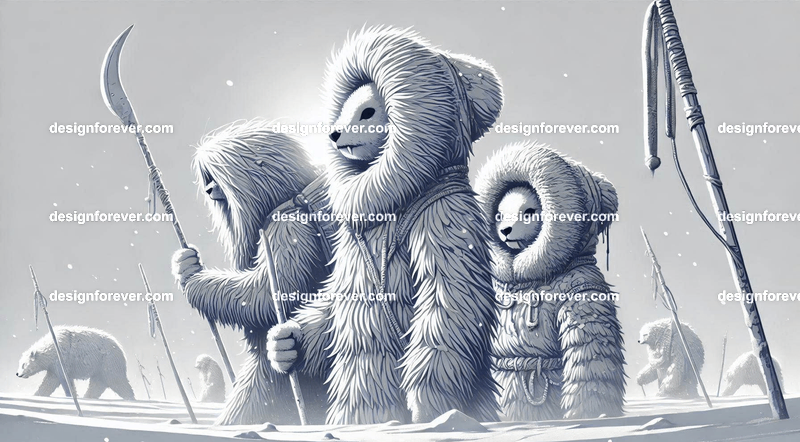 Snow-dwelling anthropomorphs dressed in thick furs