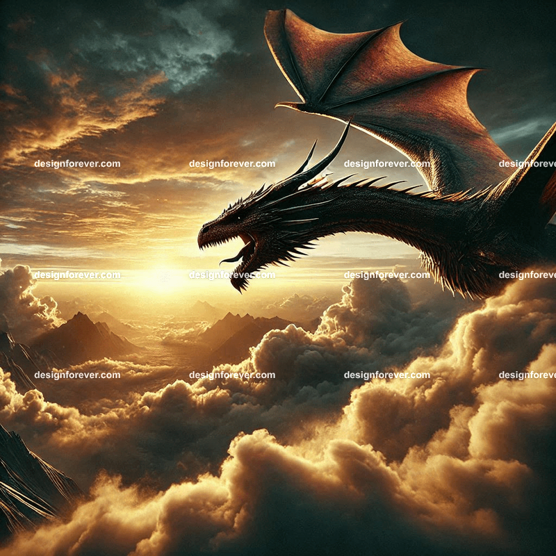 The flight of the dragons above majestic clouds and extreme frontal closeup of a dragon and strong highlights