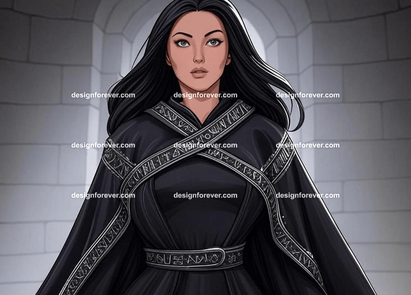 beautiful woman but with raven skin instead of human skin wearing black robe of magician with runes