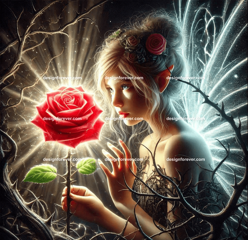 A fairy guarding a glowing, enchanted rose protected by a barrier of thorny vines