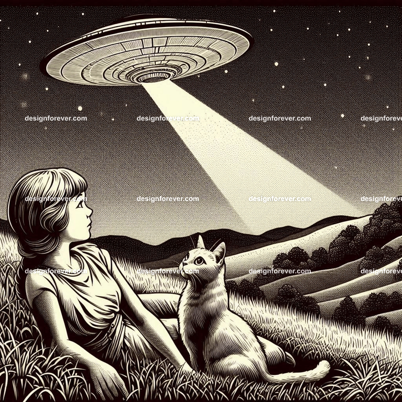 girl lying on hillside grass next to cat staring at spaceship landing nearby