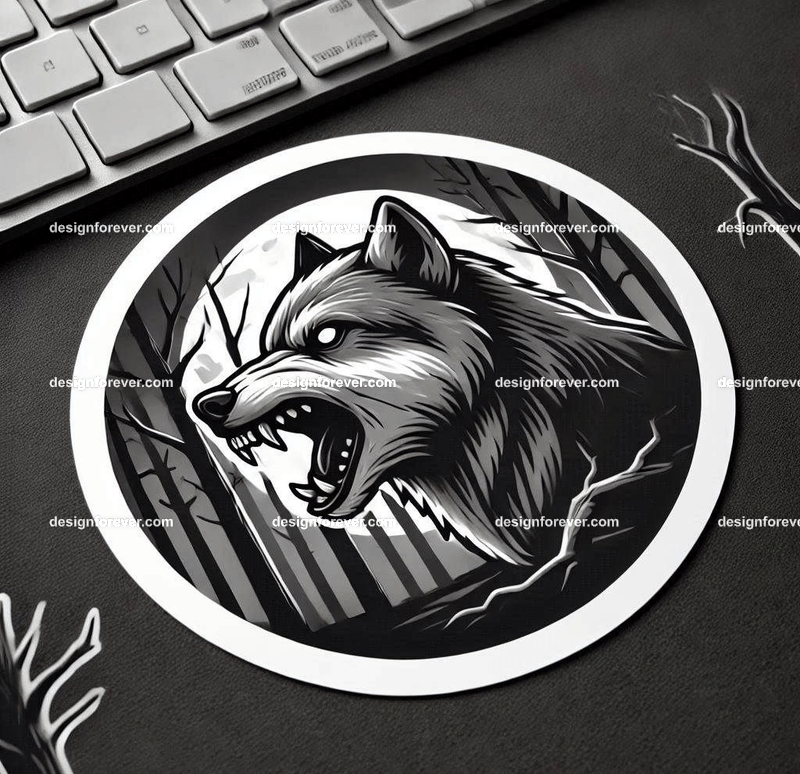 A wolf baring its teeth in a creepy forest with dead trees, barely visible except for its bright eye masked within perfect circle