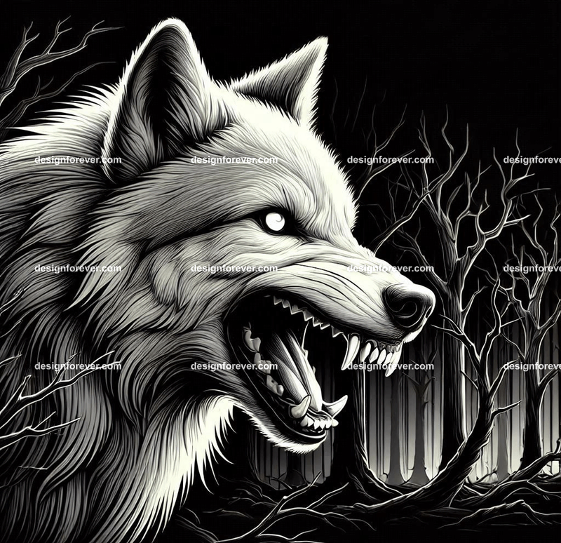 a wolf baring its teeth at you in creepy forest with dead trees