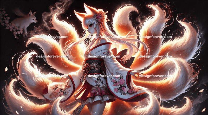 Kitsune in a silk kimono, with multiple tails glowing faintly, surrounded by mystical foxfire