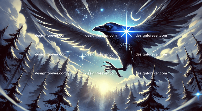 A raven with a star glowing in its beak, flying through a twilight sky over a mystical forest