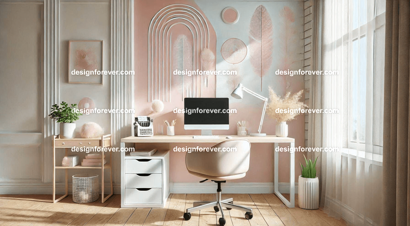 A bright, airy workspace with a white desk, an ergonomic chair, and a background featuring soft pastel tones and simple decor