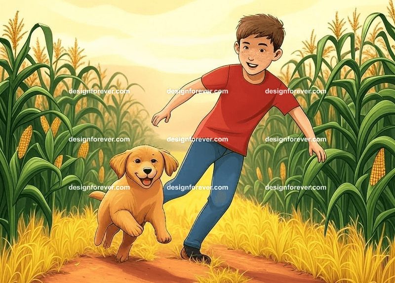 young teen chasing family dog around fields of corn in rural america