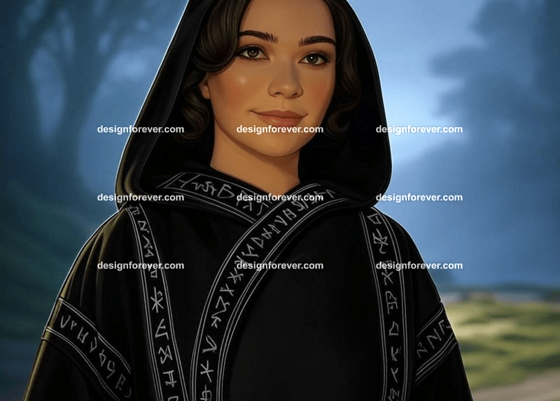 beautiful woman but with raven skin instead of human skin wearing black robe of magician with runes