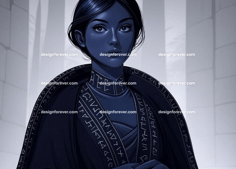 beautiful woman but with raven skin instead of human skin wearing black robe of magician with runes