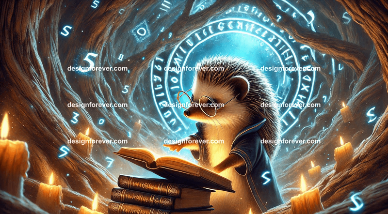 A hedgehog wearing tiny reading glasses, cataloging magical books in a hollow tree filled with glowing runes