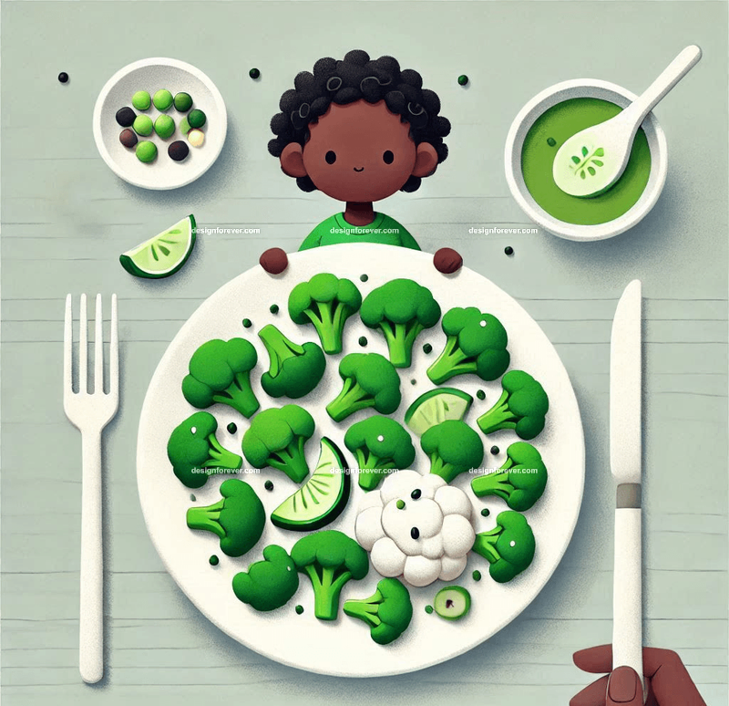cooked broccoli on plate in style of whimsical children's book