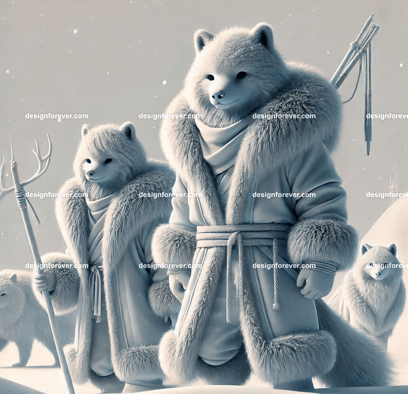 Snow-dwelling anthropomorphs dressed in thick furs