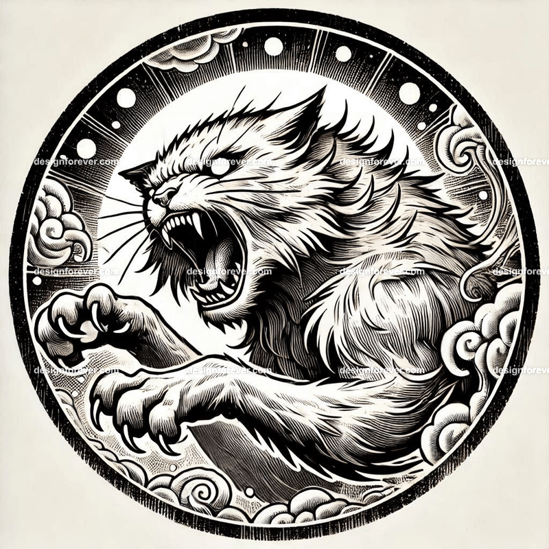 the fury of the cat within a circular seal in pure white background