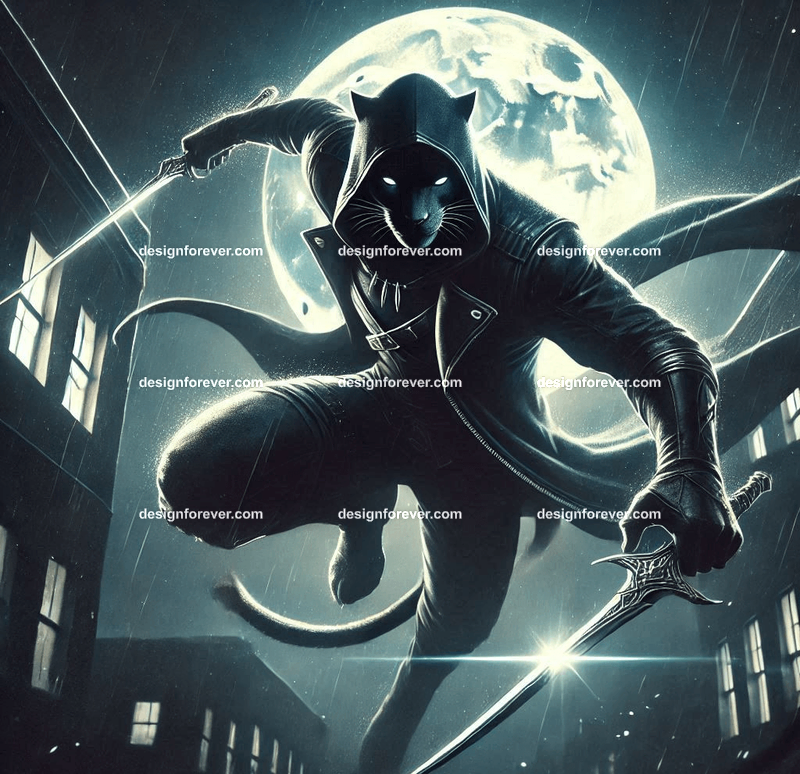 Sleek panther dressed in a dark hooded cloak, dual