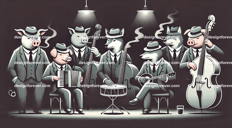Anthropomorphs pigs and wolves as 1920s jazz musicians with suits, fedoras, and instruments in dark smoky room
