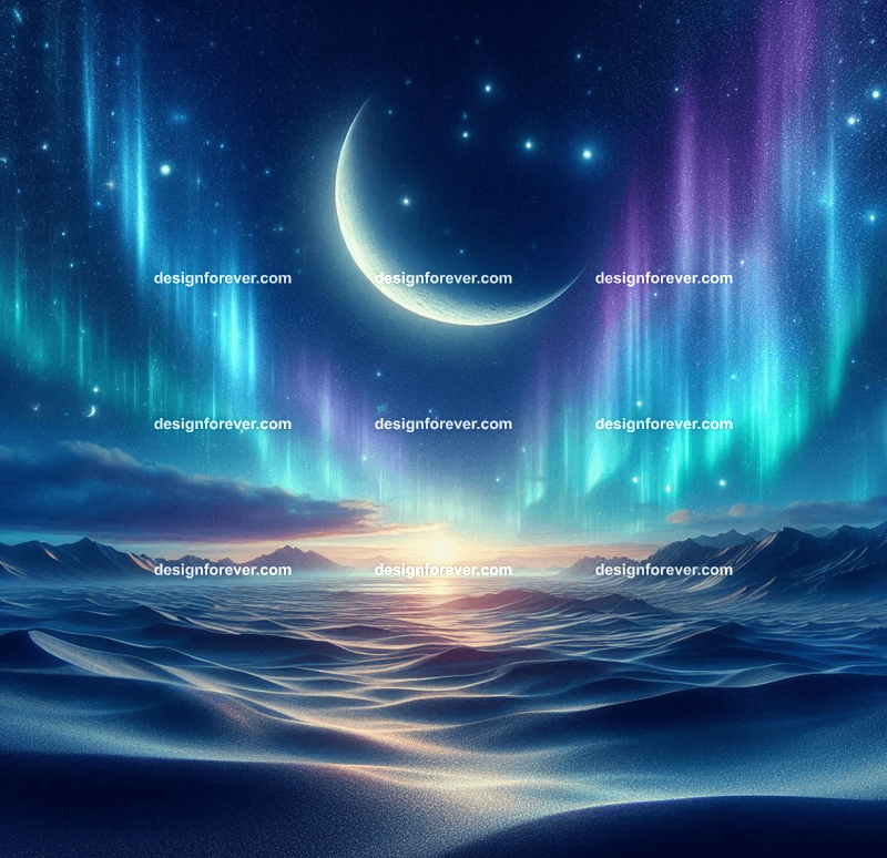 A celestial nightscape with a glowing crescent moon, twinkling stars, and soft auroras