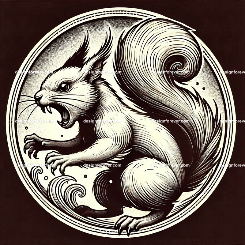 the fury of the squirrel within a circular seal in pure white background