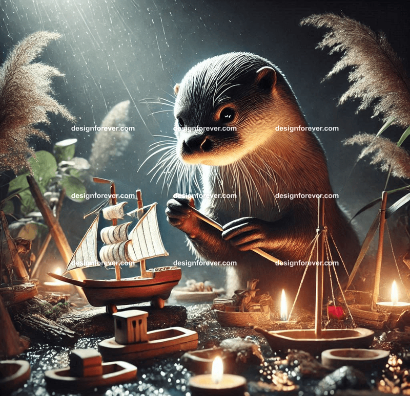An otter crafting miniature boats from driftwood, surrounded by enchanted tools and glowing river reeds