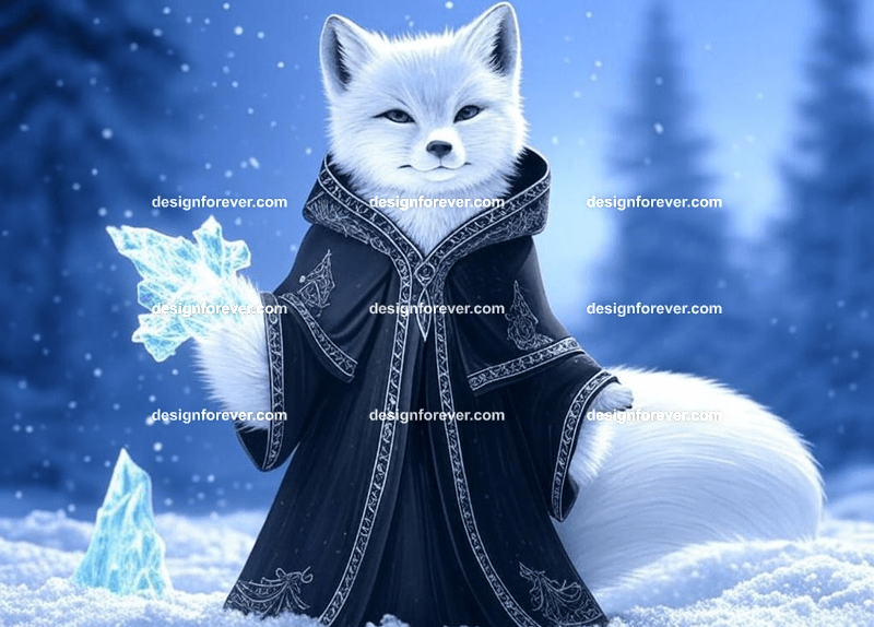 White arctic fox casting ice spells