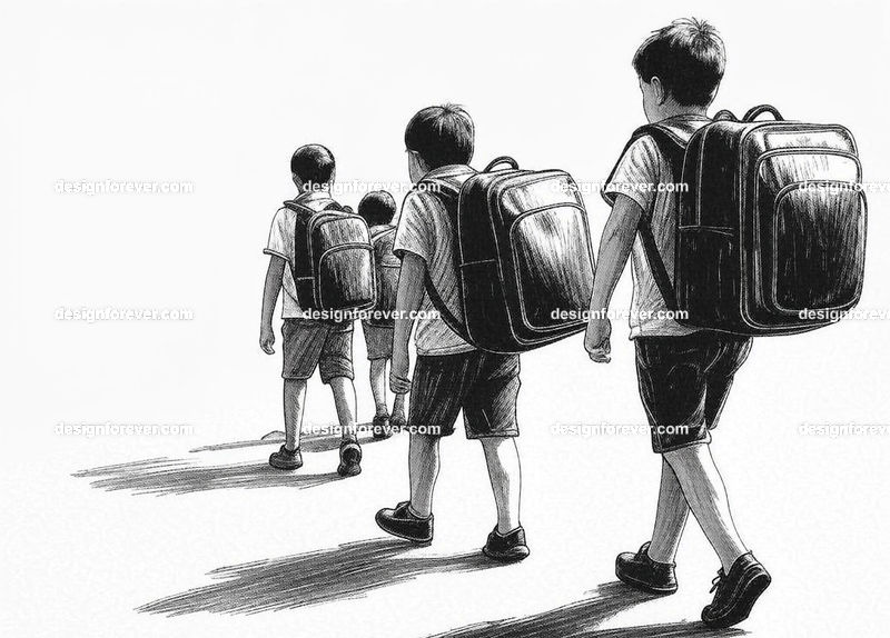 school kids with big backpacks walking home from school bus