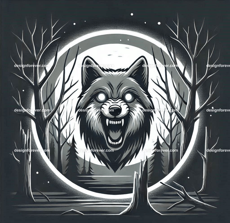 A wolf baring its teeth in a creepy forest with dead trees, barely visible except for its bright eye masked within perfect circle