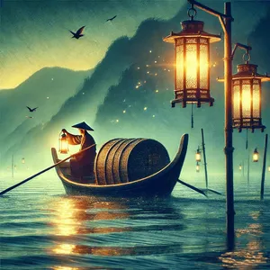 Long fisherman with lantern on boat
