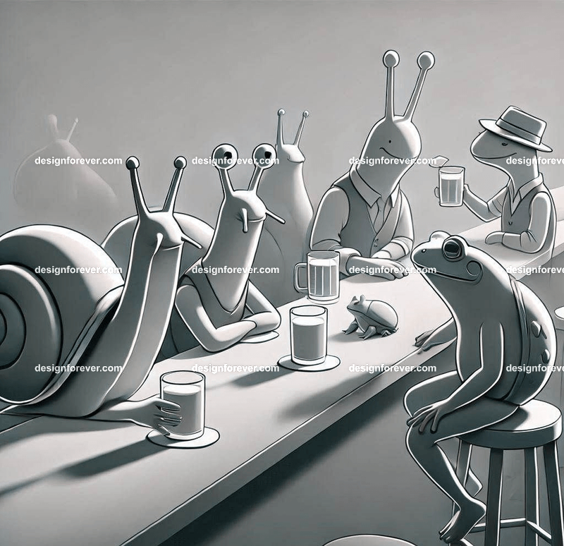 Anthropomorphs snails and frogs at bar