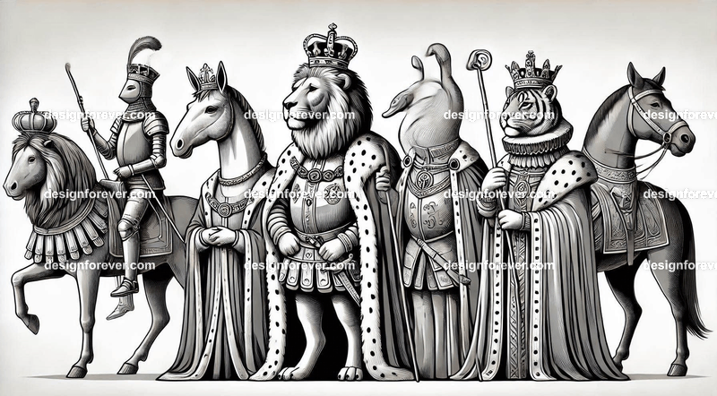 Animals depicted as kings, queens, or nobility, wearing intricate medieval or regal attire