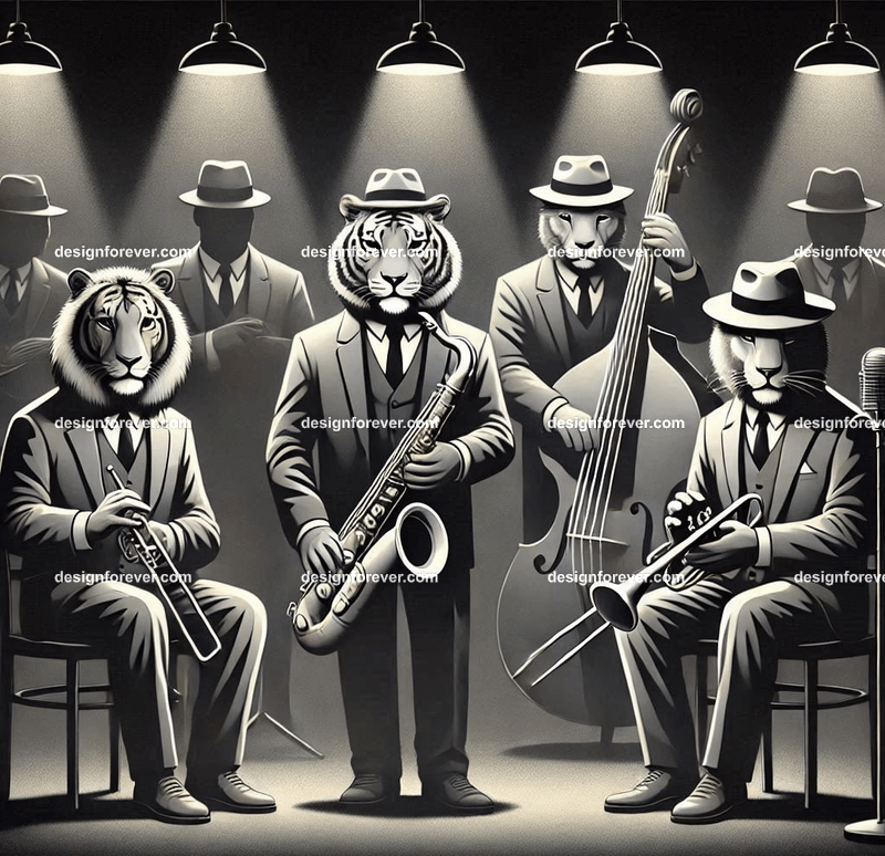 Anthropomorphs tigers and lions as 1920s jazz musicians with suits, fedoras, and instruments in dark smoky room