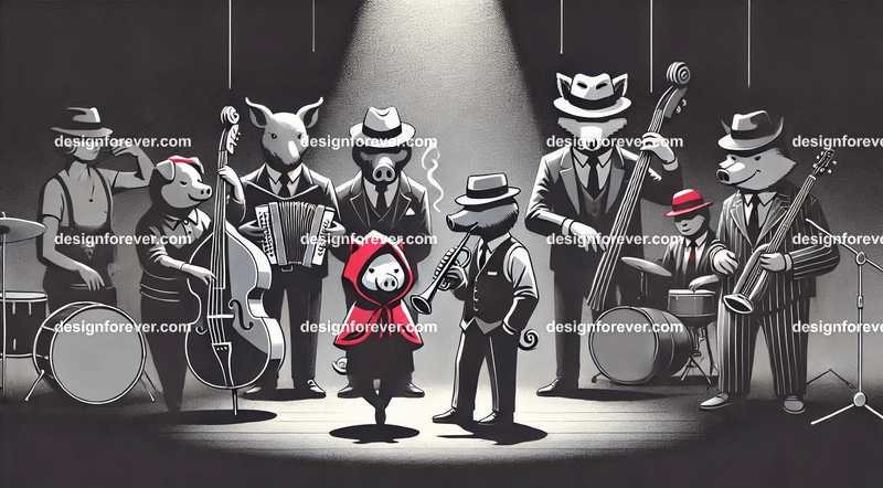 Anthropomorphs red riding hood and pigs and wolves as 1920s jazz musicians with suits, fedoras, and instruments in dark smoky room