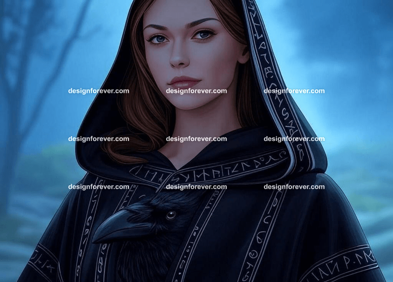 beautiful woman but with raven skin instead of human skin wearing black robe of magician with runes