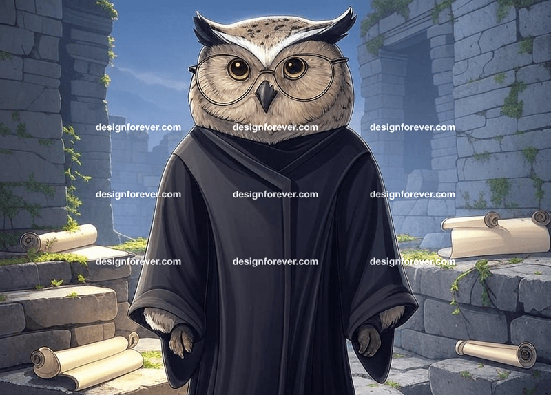 Wise owl wearing glasses and a long robe