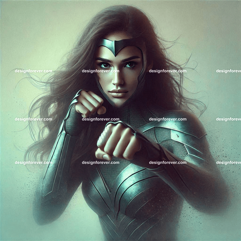 fierce woman in body suit armor punch attack