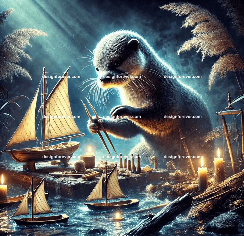 An otter crafting miniature boats from driftwood, surrounded by enchanted tools and glowing river reeds