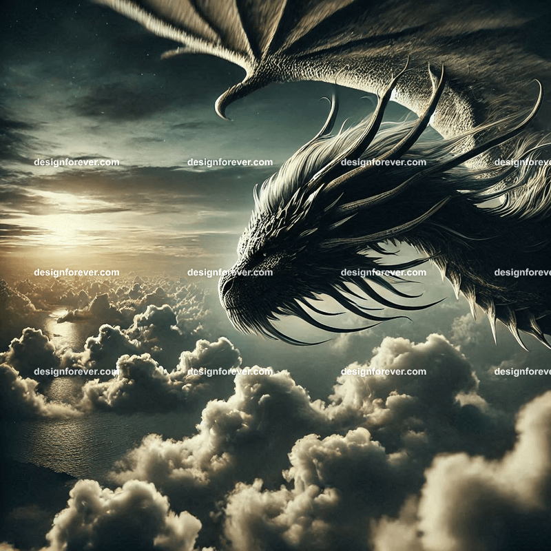 The flight of the dragons above majestic clouds and dark sky