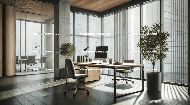A sleek modern office with a minimalist desk, a potted plant, and soft natural lighting streaming through large windows