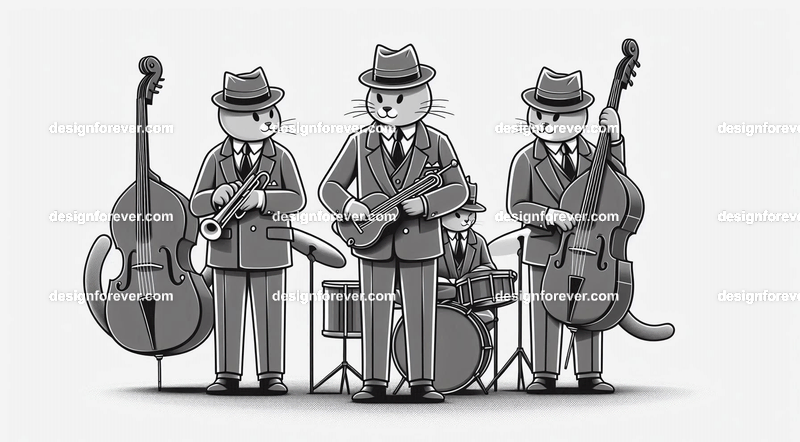 Anthropomorphs as 1920s jazz musicians with suits, fedoras, and instruments