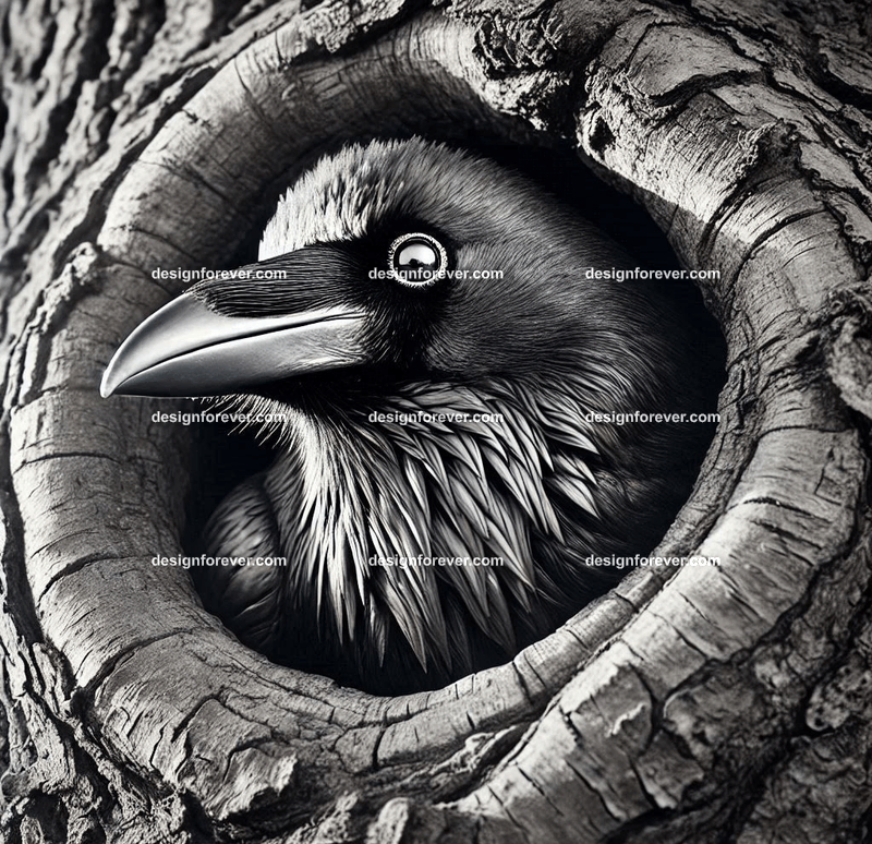 Raven living in tree hole