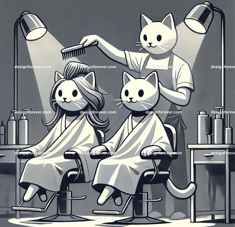 Anthropomorphs cats as hair dressers